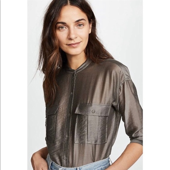 JOIE Lidelle Button Up Sheen Blouse in Moss NWT Size XS - Picture 4 of 13